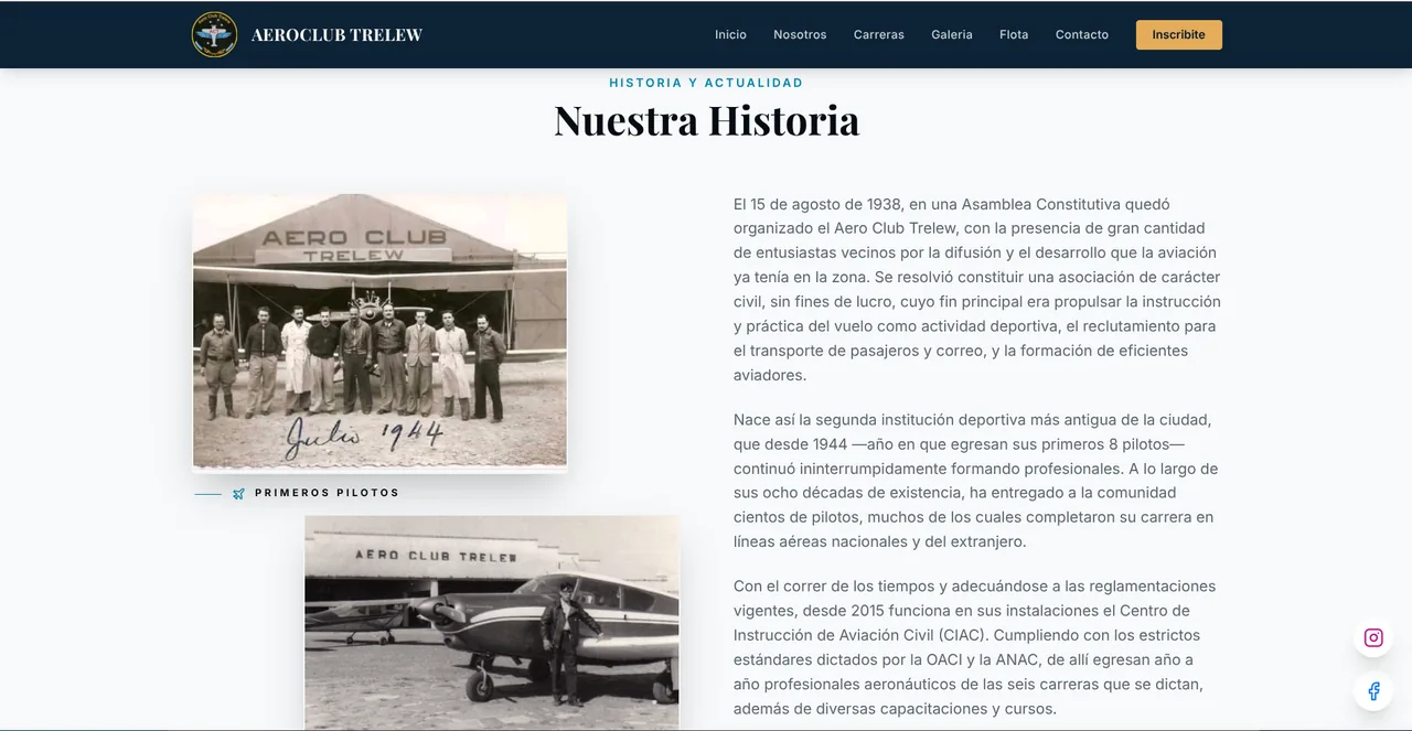 Sección "Nuestra Historia", con fotos de archivo de 1944 y el relato de la fundación del club en 1938