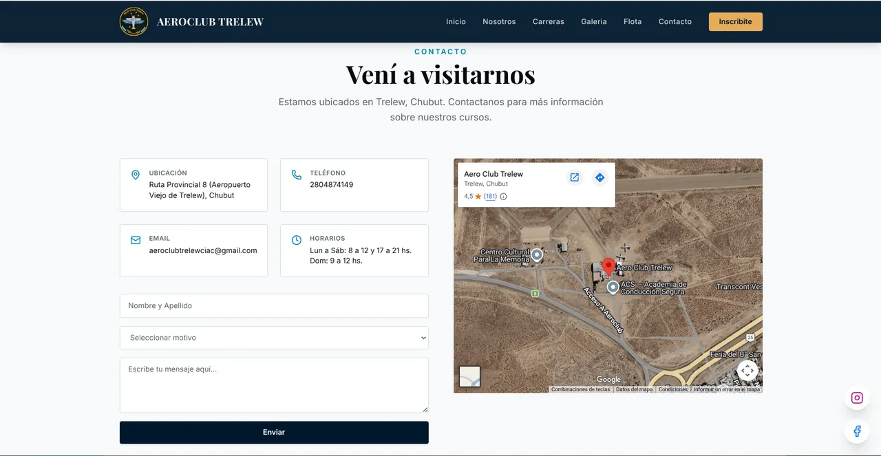 Sección de contacto: ubicación, teléfono, email y horarios junto al mapa y al formulario de consulta