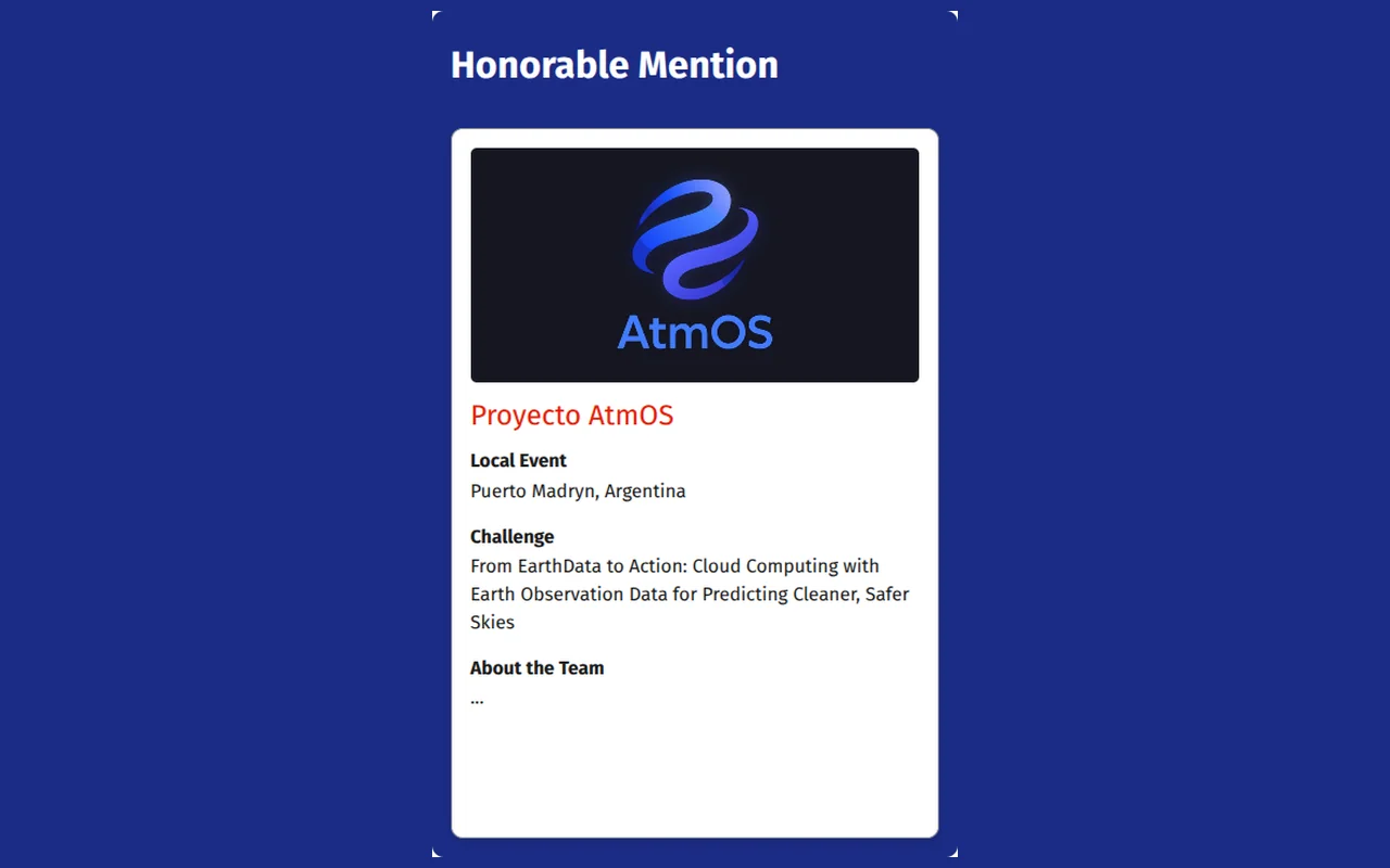 Tarjeta de la mención honorable de AtmOS en el NASA Space Apps Challenge 2025, sede Puerto Madryn
